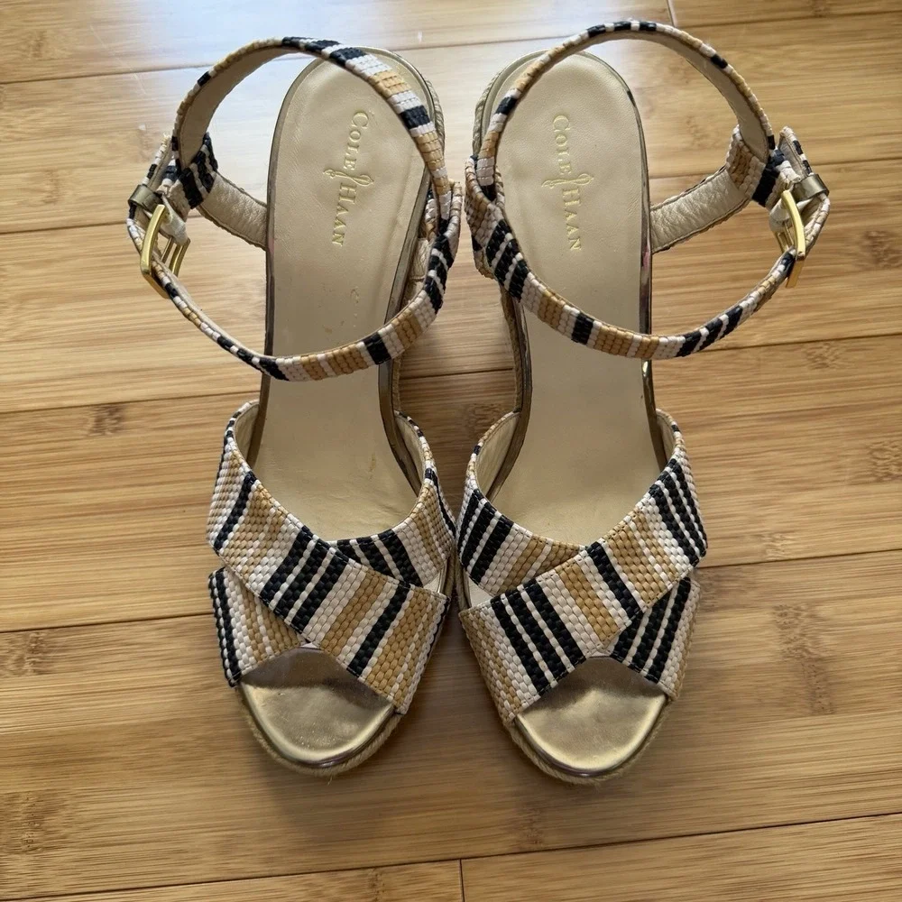 Cole Haan Hart Wedge Sandals Womens 9.5B Striped‎ Espadrille Ankle Strap Gold